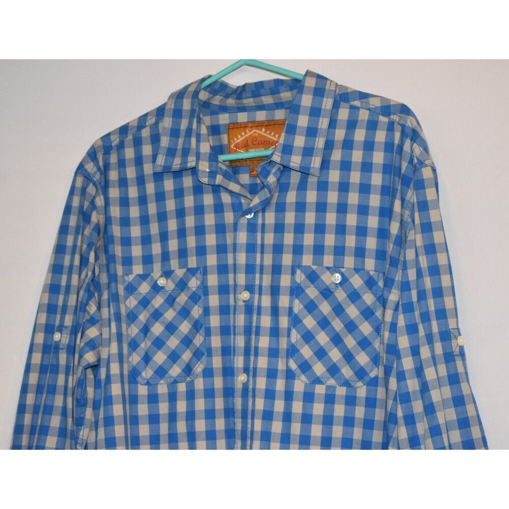 Trade Mark Red Camel  Blue Gray Plaid Mens Button Down Shirt Size XL Handcrafted